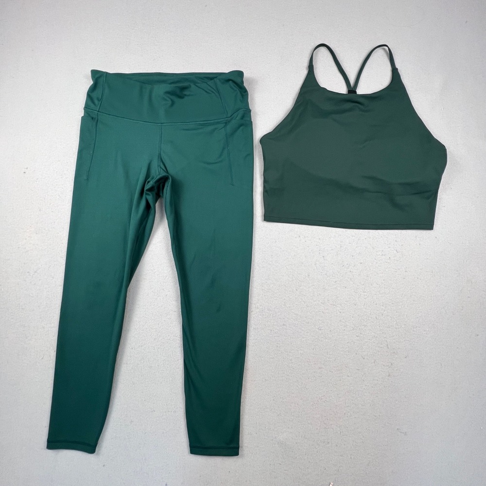 GapFit Leggings and Sports Bra Set Women L XL Green Power Full Leg Studio Bra